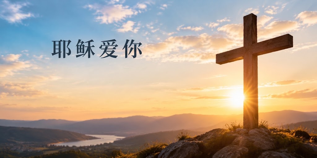 耶稣爱你——无论你在哪里，祂都与你同在。晨光中的山峦与十字架。